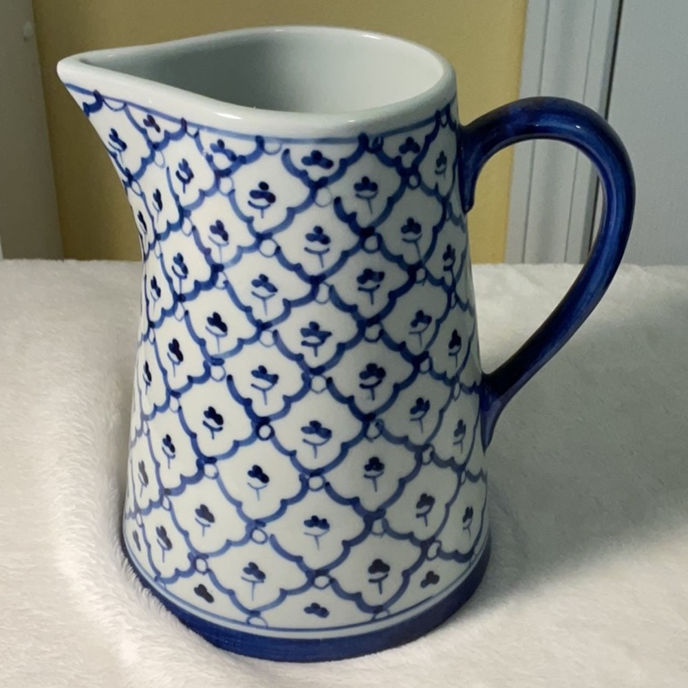 Artisan Blue and White Ceramic Pitcher with Geometric Design